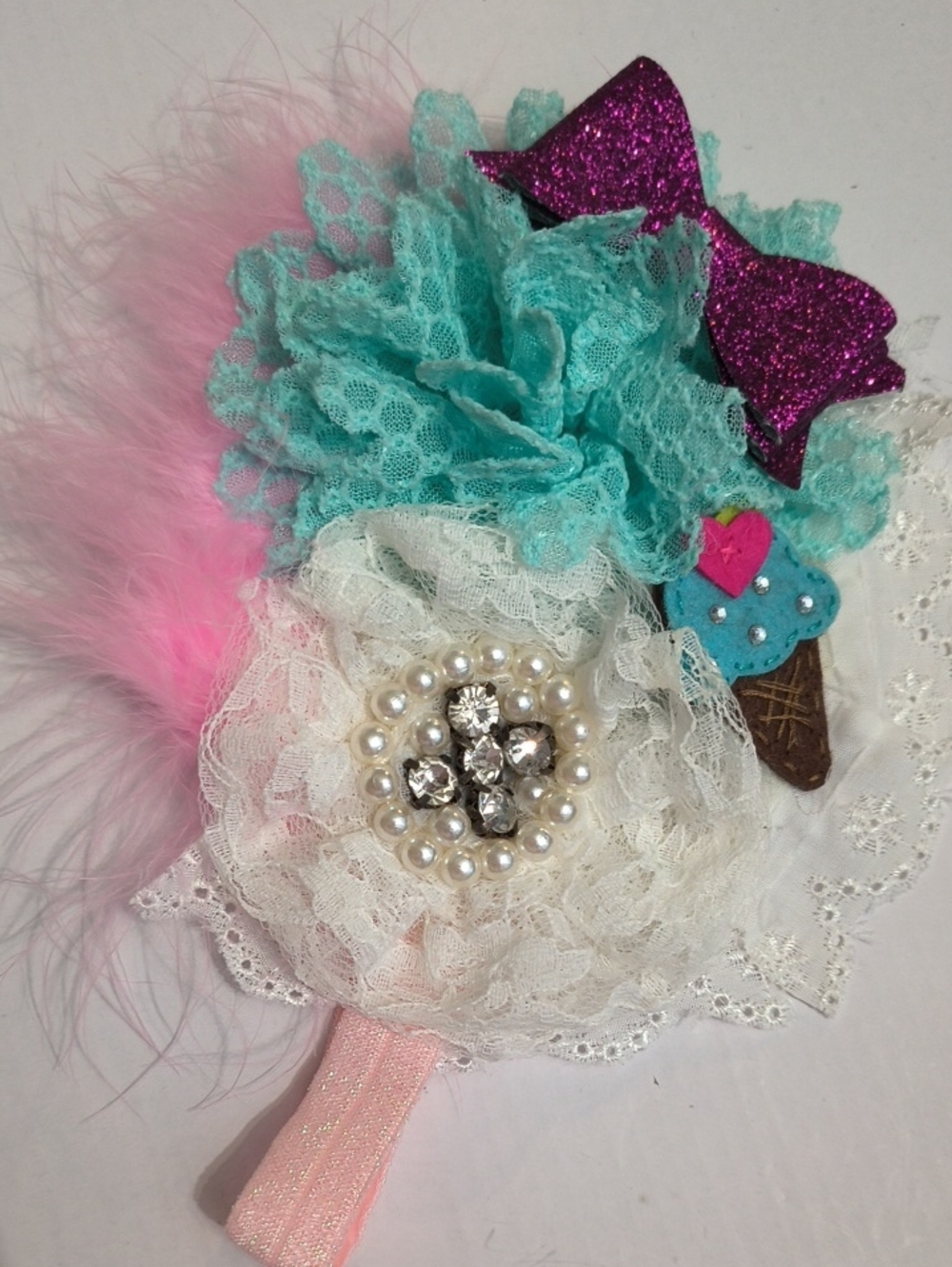 Girls Lace & Feather Hair Clip with Turquoise, Pink, White Accents